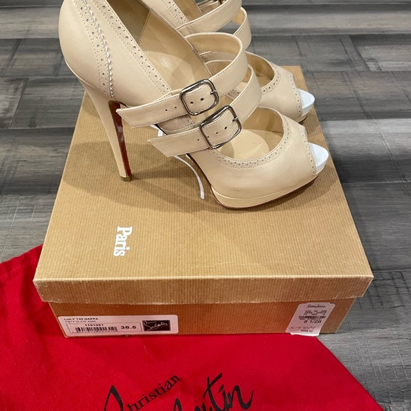 Christian Louboutin Lulu 140 Nappa Nude Peep Toe Double Strap SZ 38.5 - Picture 4 of 11